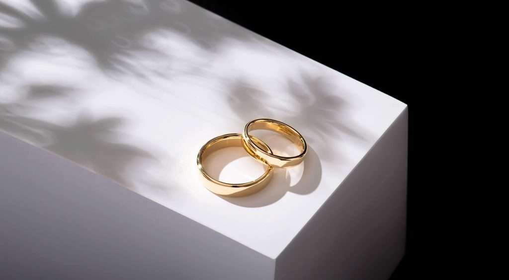 Two gold band ring, one on top of the other placed on a white table