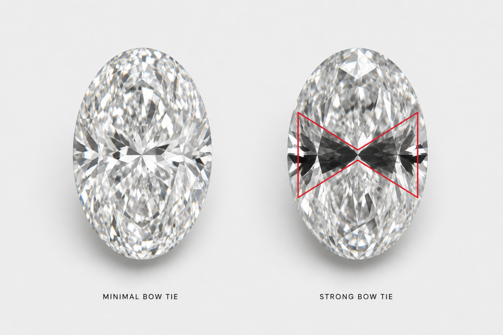 Comparison between an oval diamond with a minimal bow tie effect (left) and one with a more pronounced bow tie effect (right)