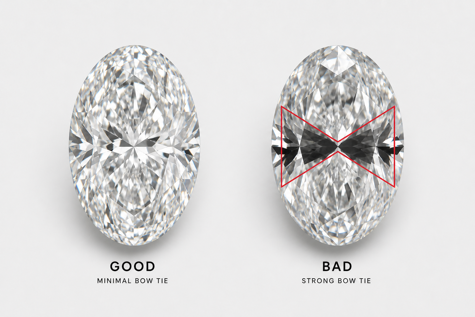 Comparison between an oval diamond with a minimal bow tie effect (left) and one with a more pronounced bow tie effect (right)